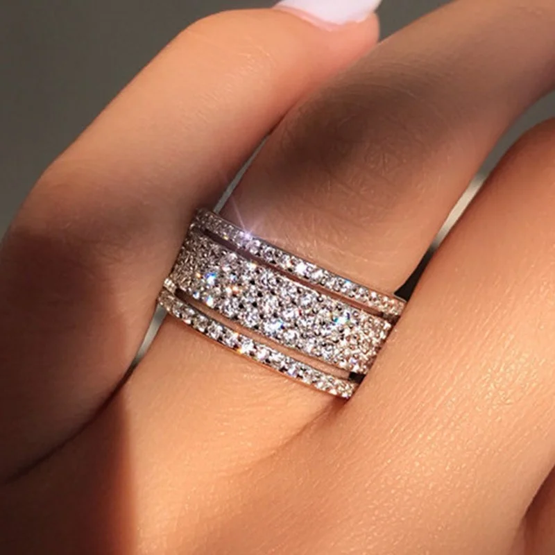 

Luxury Rhinestone Crystal Ring Wide Love Rings For Women Wedding Engagement Jewelry Gifts
