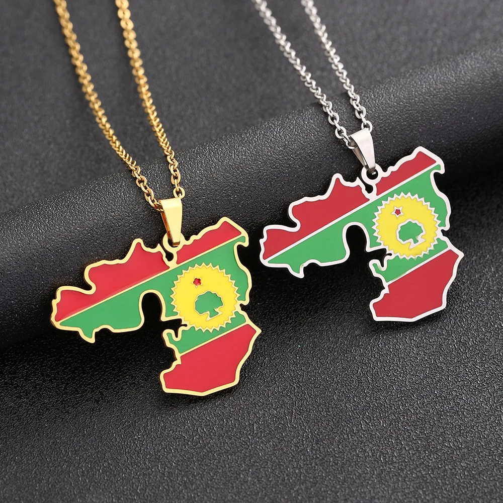 

Manufacturer Stainless Steel Enameled Ethiopia Amhara Oromia 18K Gold Plated Chain Necklaces Enamel Flag Map Pendant Necklace