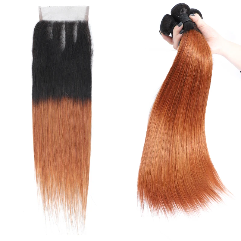 

Two tone colored Brazilian Straight Hair Bundles With Closure virgin human hair #1b30 Ombre color bundles weaves
