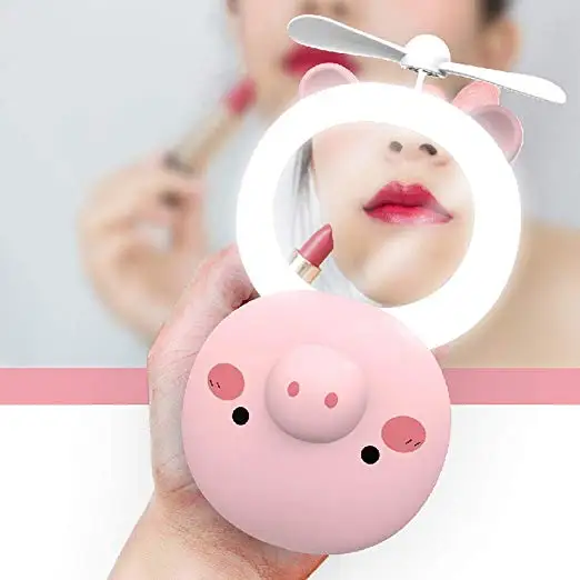 

Rechargeable Handheld Mini Fan LED Cosmetic Makeup Mirror with Fan, Pink, blue, green