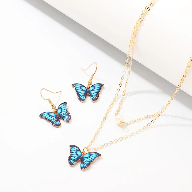 

Fashion Women Jewelry Blue Enamel Butterfly Pendant Necklace Set Butterfly Necklace Earrings Jewelry Sets