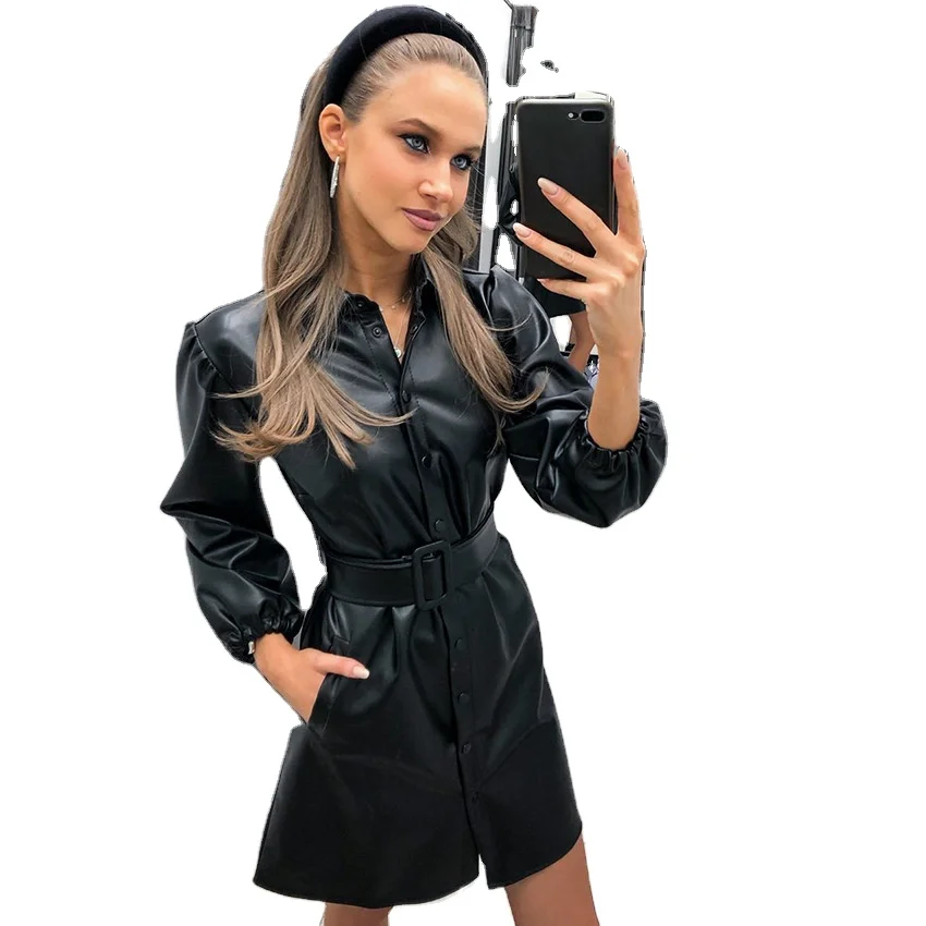 

European and American women's dress black PU leather jacket sexy slim waist belt pu leather jacket women