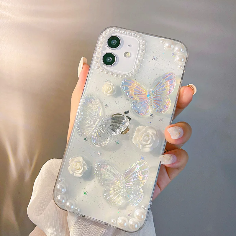 

New Pretty 3D Glitter Butterfly Transparent Phone Case For iPhone 11 12 13 Pro Max X XR XS 7 8 Plus, Clear