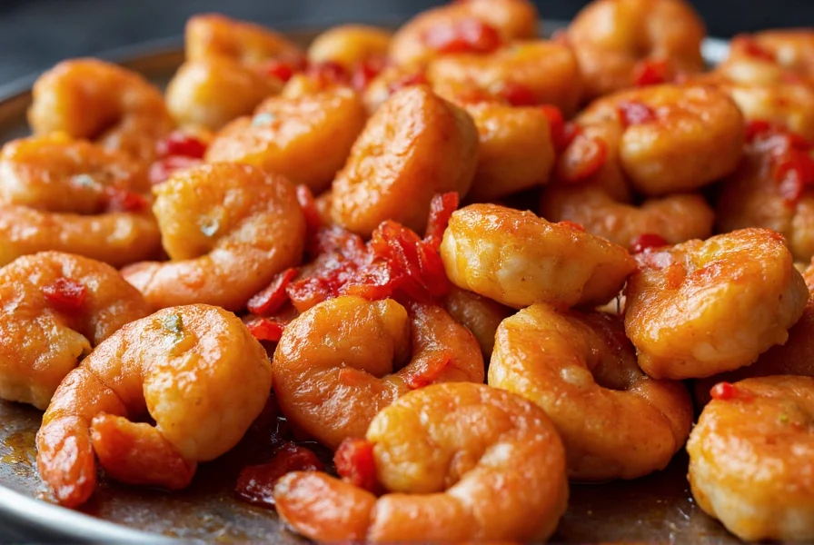 Close-up of Red Hot Chilli Pepper Frisco signature dish Szechuan Shrimp with vibrant colors and presentation