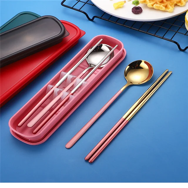 

Portable spoon chopsticks two-piece student tableware set 304 stainless steel spoon chopsticks set gift kitchen accessories, As show