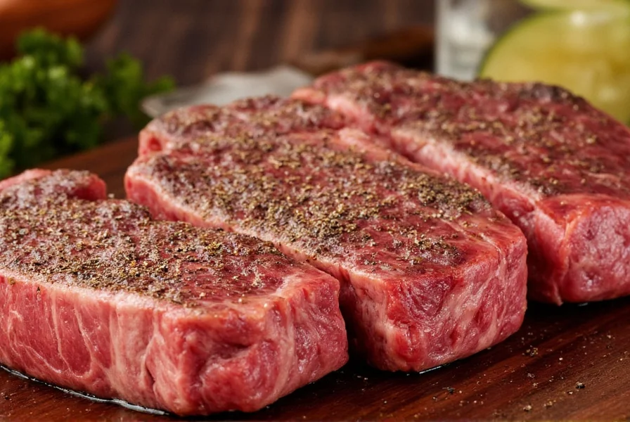 Close-up of properly seasoned steak with visible salt and pepper crust
