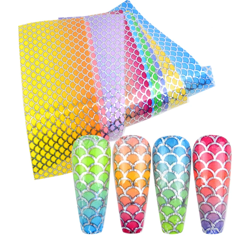 

10pcs Laser Fish Scales Nail Foil Holographic Gradient Mermaid Transfer Sticker Wave Decal Starry Paper Nail Decoration