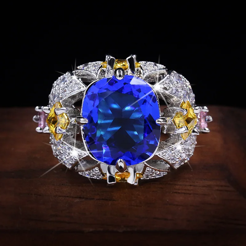 

Fashion Jewelry Manufacturer direct sale KYRA01131 Big CZ Ring Geometric 3A Zircon Sapphire rings Jewelry for Women, Silver