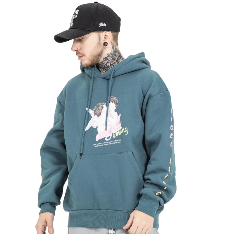 

Oversized hoodie Eu Us autumn and winter new original angel couple loose plus fleece hooded sweater tide brand, Black
