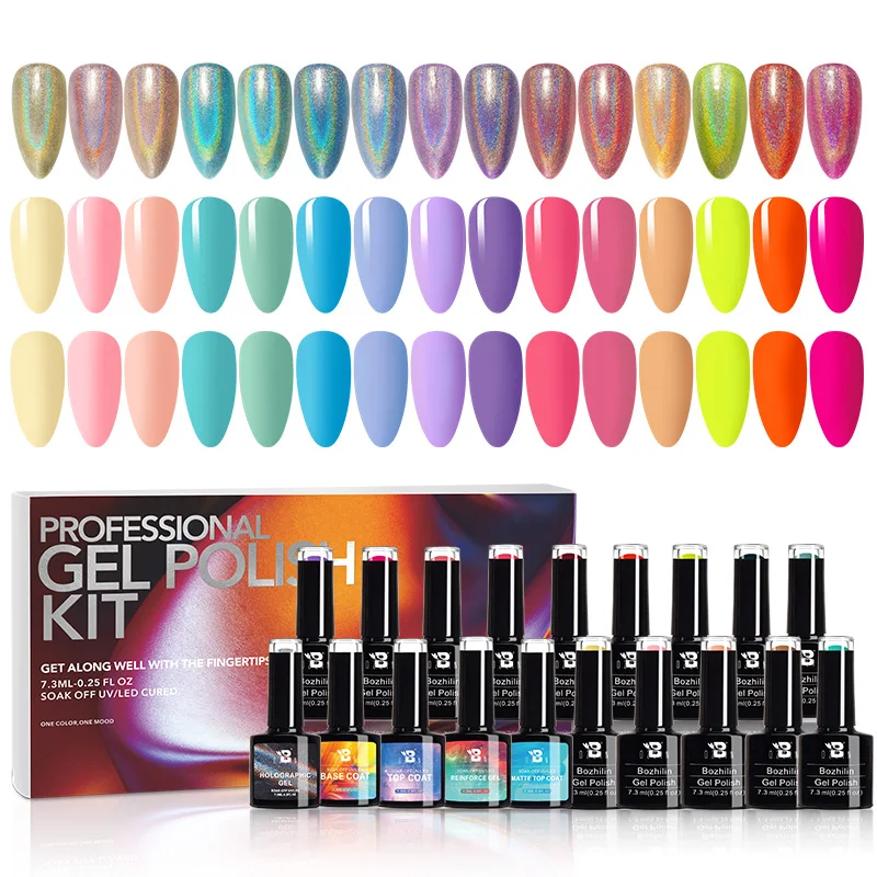 

Home Use Holographic Effect Private Label UV Gel Nail Polish Kit With Color Chart Nail Art UV Gel Polish set, 18 colors
