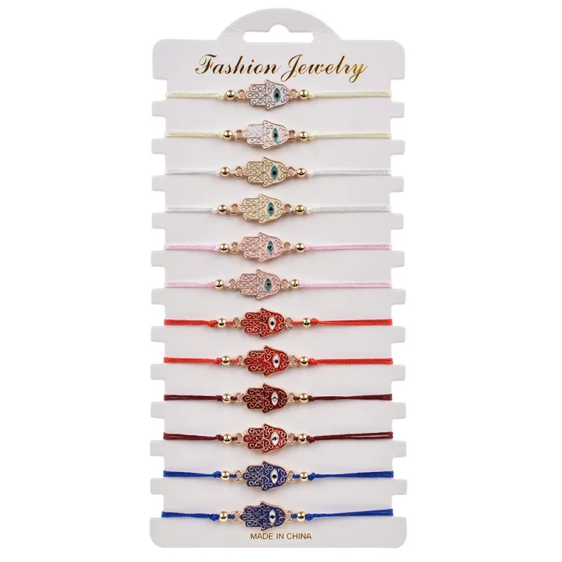

12 Pcs/Set Charm Multicolor Evil Eye Bracelet Boho Turkish Fatima Hand Dripping Oil Handmade Adjustable Rope Bracelets With Card, Multi-colors