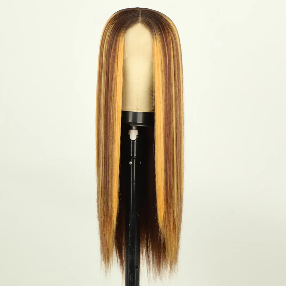 

Hand-tied Long Straight Synthetic Hair Wigs with Highlight 13x1 T part Lace Frontal Synthetic Hair Lace Wig for Women, Highlight color