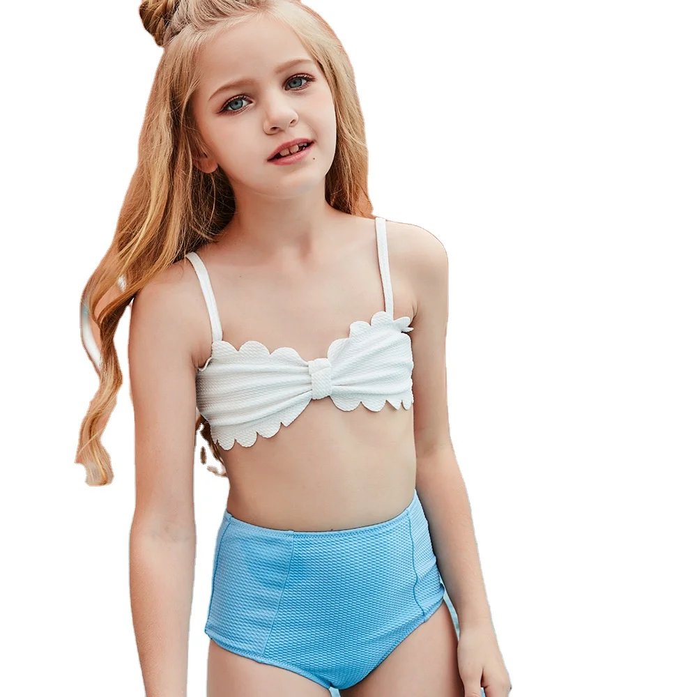 

2021 New style child swimwears girl blue and white Patchwork one-piece Bikini swimsuit Children summer beach Swim clothes