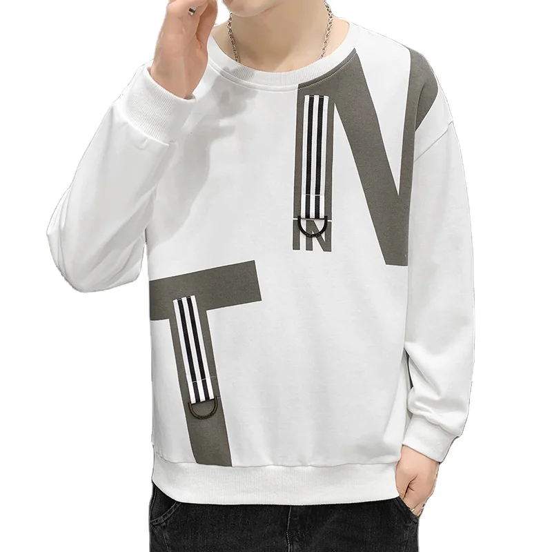 

Men's autumn and winter sweater hooded 2021 Korean version casual loose round neck print sports versatile backing, As the picture shows