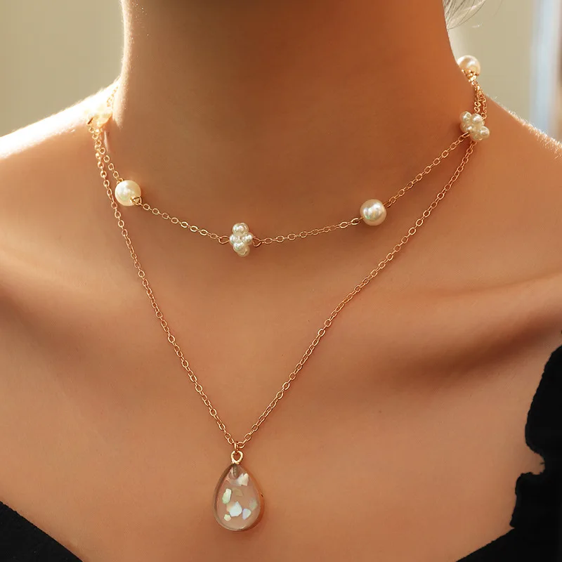 

2021 Sailing Jewelry Imitation Pearl Choker Necklace Water Drop Pendant Choker Necklace Double Layer Water Drop Pendant Necklac