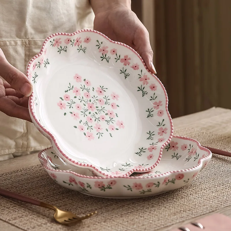 

Wholesale Dinnerware Handmade Ceramic Pink Flower Plate Hand Painted Stoneware Dinner Salad Plates Oven Microwavable Safe