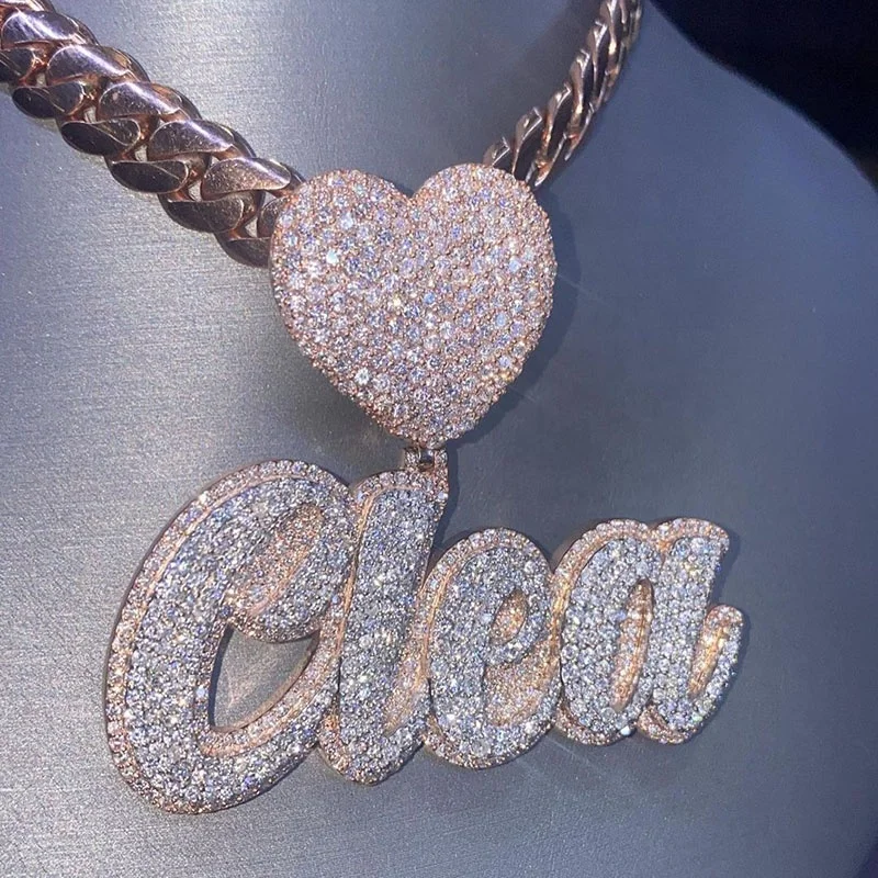 

Flooded Iced Out 3D Double Layers Heart Bail Letter Intial Name Necklace Pendant