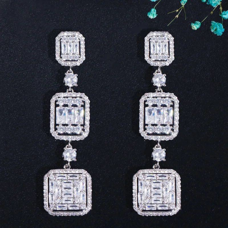 Very Shiny Square White Cubic Zirconia Topaz Silver Plated Long Dangle Drop Engagement Party Earring Jewelry for Women