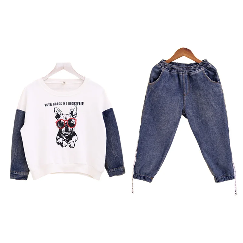 

Girls denim suit spring and autumn children's stitching western style fashionable sweater autumn two-piece suit