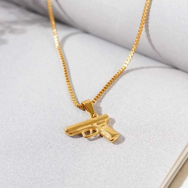 

Hiphop Pendant Personality Hip Hop Street Dance Jewelry Accessories Fashion New Titanium Steel Necklace Pistol Necklace, Silver, gold