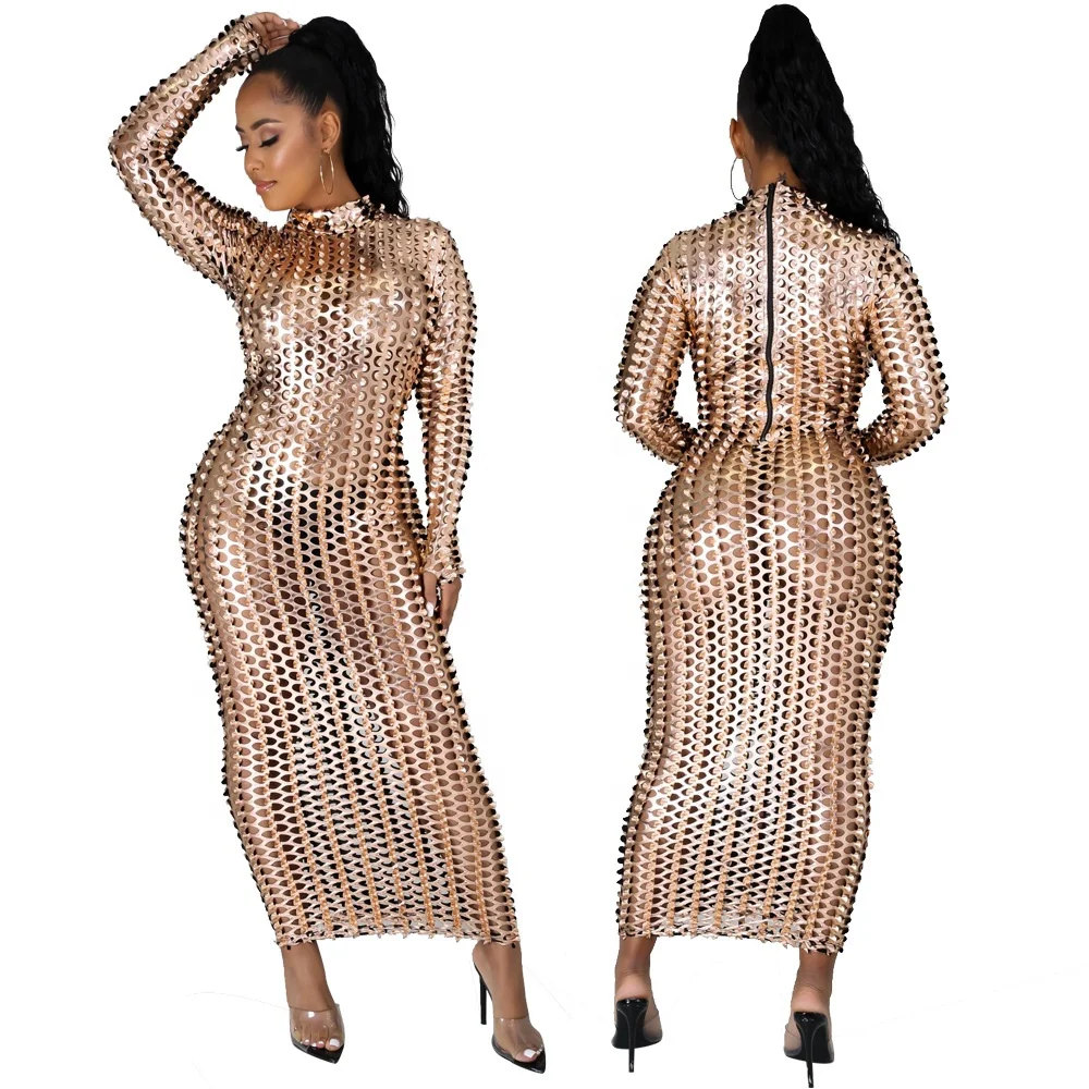 

2021New Flexible Solid Color Hollow Out See Through O-neck Long Sleeve A-line Midi Dress Sexy Night Club Party Dress for Women