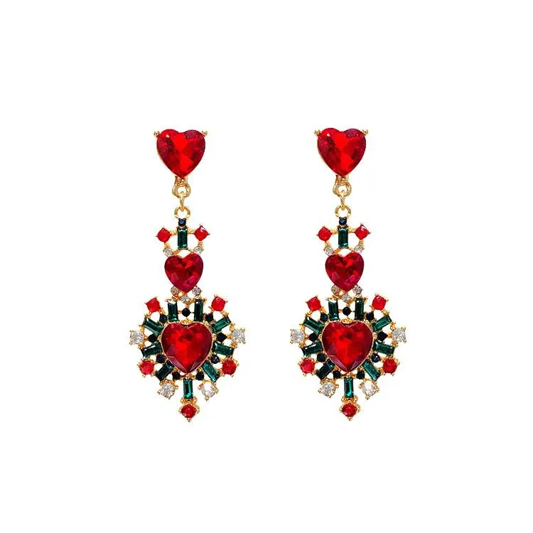 

Korean Fashion Luxury Crystal Rhinestone Heart Drop Earrings For Women 2021 Jewelry Party, Red