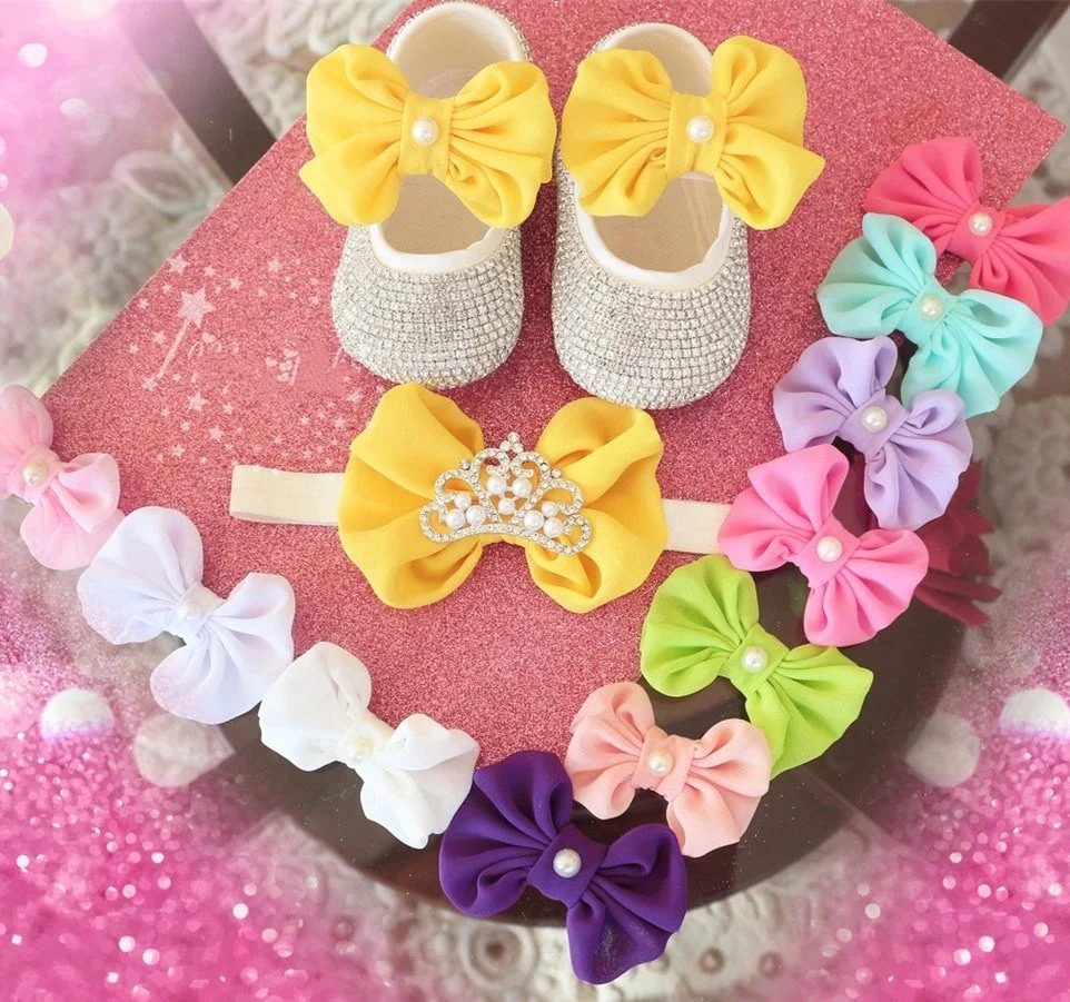 

Top sales bling baby shoes fully covered rhinestone newborn custom huge bow knot girl toddler infant kids bag floral strap OEM, White