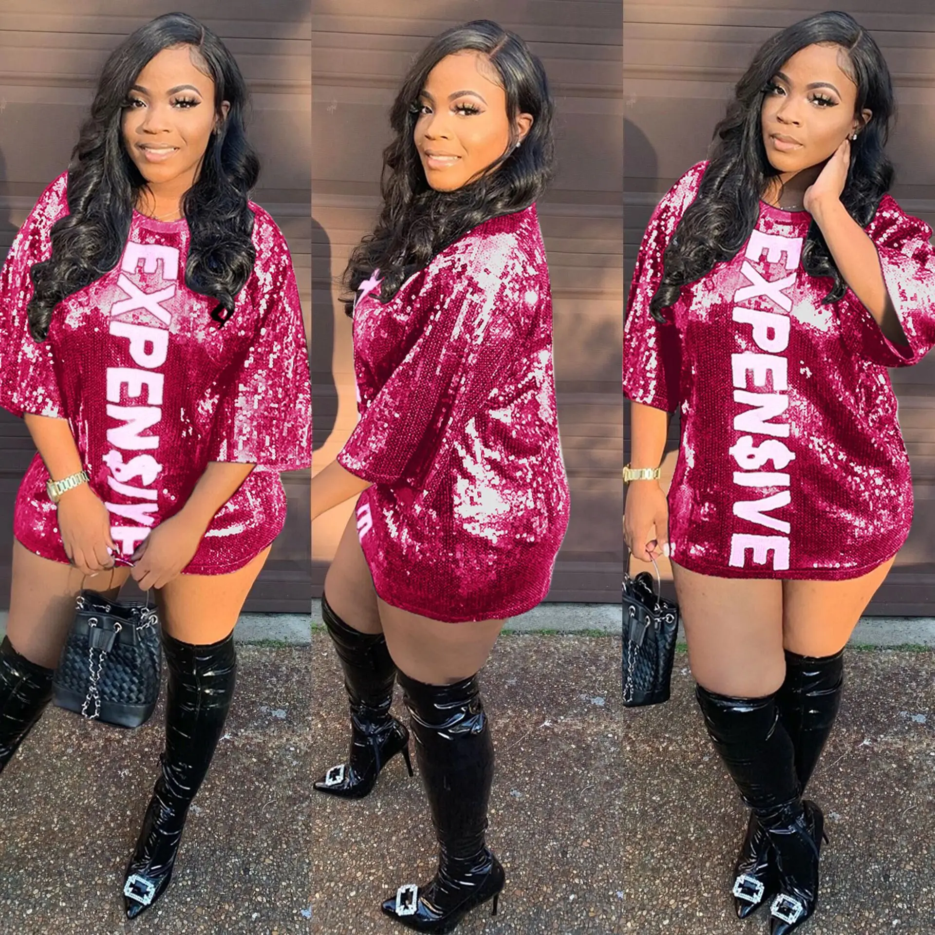 

A00029Y femal outfit ladies streetwear club new arrivals 2021 elegant letter mini tshirt sequin dress