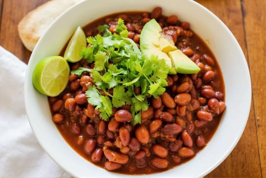 Finished vegetarian bean chili served in a bowl with toppings including avocado, cilantro, and lime