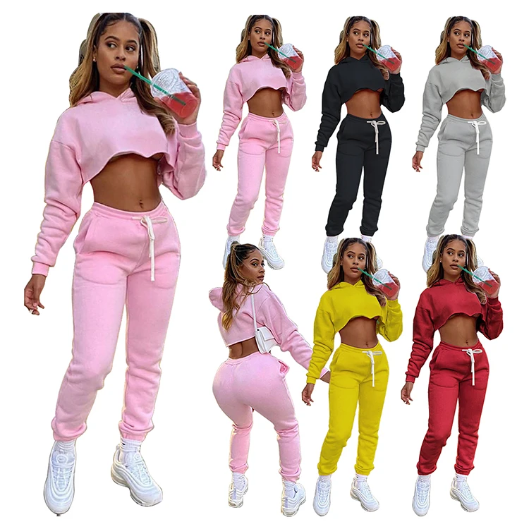 

Custom LOGO Women Hoodies Sweat Suit set Tracksuit Sweatshirt Sets Crop top sweatsuit sweatpants Casual Sport Wear