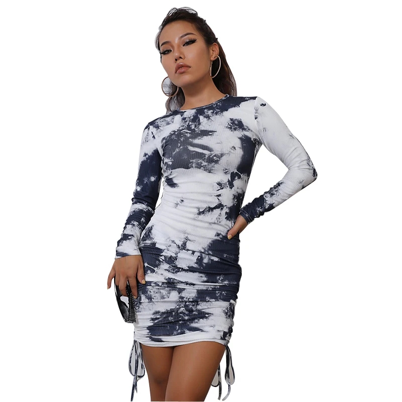 

Wholesale new fashion ladies long sleeve dresses round neck mini short sexy dress women's dress, 5 colors