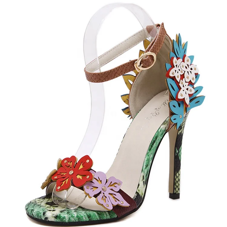 

Summer Snakeskin Dress Sandals Shoes With 3D Flowers Women's Stiletto Shoes High Thin Heels Ladies Single Flowers Band Pumps, Mixed colors