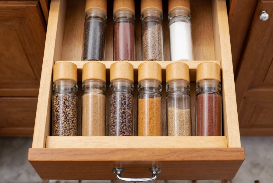 Wooden spice drawer with glass jars containing whole cumin seeds, ground cumin, and other spices arranged neatly
