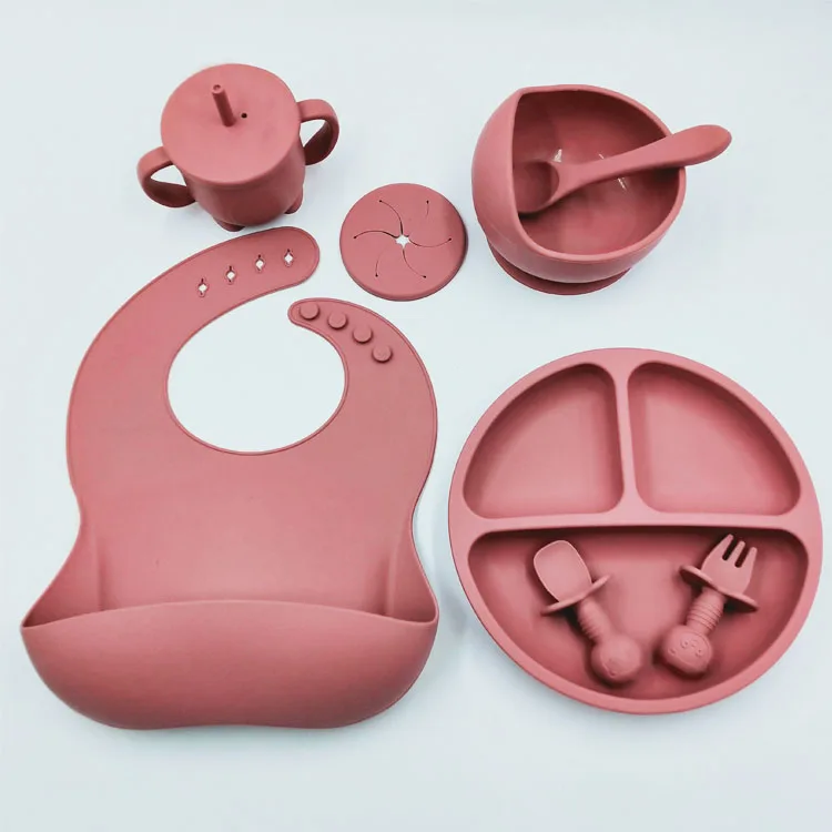 

Good Quality Silicon Toddler Snack Dinnerware Plate Feeding Food Baby Silicone Cup Bib Bowl with Spoon Set, Pink,blue,grey, custom