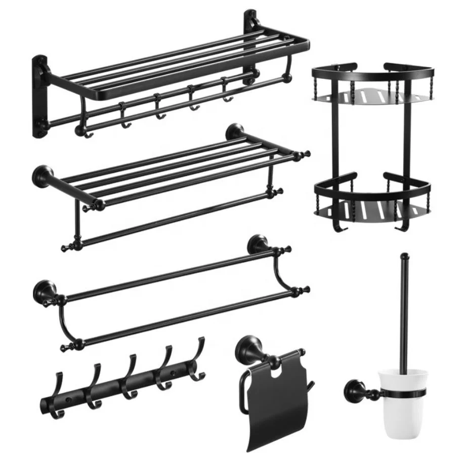 

Low price hotel home aluminium wall mounted matt black 6pcs bathroom accessories set