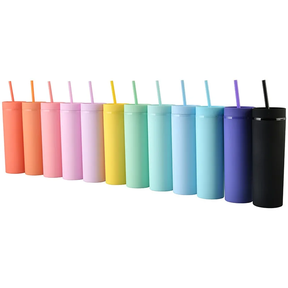 

2021 Custom Logo Double Wall Pastel Printing Matte Colored Tumblers 16OZ Reusable Acrylic Plastic Cups with Lids Straw, Customized colors acceptable
