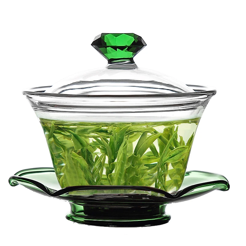 

180ml Hot Sale Creative Green Glass Gaiwan with Green Diamond Lid, Transparent blue green yellow