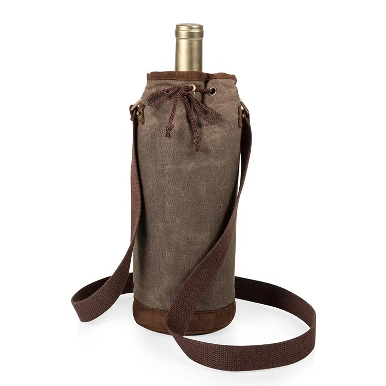 

travel Stylish high quality custom cooler Waxed canvas cotton wine tote bottle gift bag with drawstring close, Khaki or customized