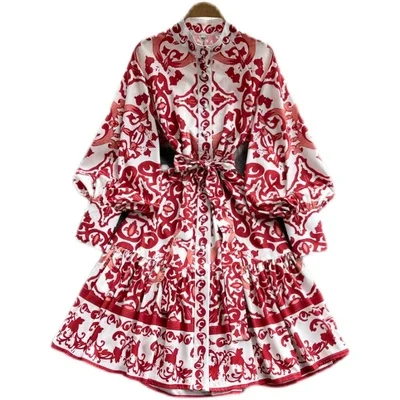 

A004 Latest Design Women Ladies European Fashion Printed Shirt Dress