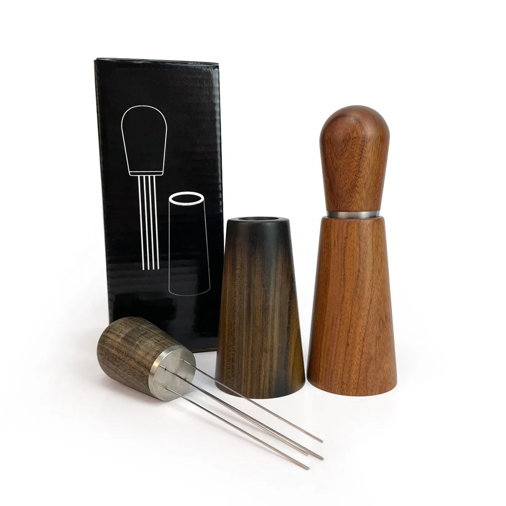 

Boonido High quality wood handle coffee powder distributor tool with holder coffee needle, coffee stirrer