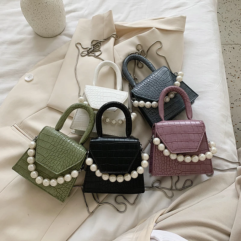 

2021 Pearl Handle Small PU Leather Handbags Lady Chain Bags Stone Pattern Super Mini Purses Women