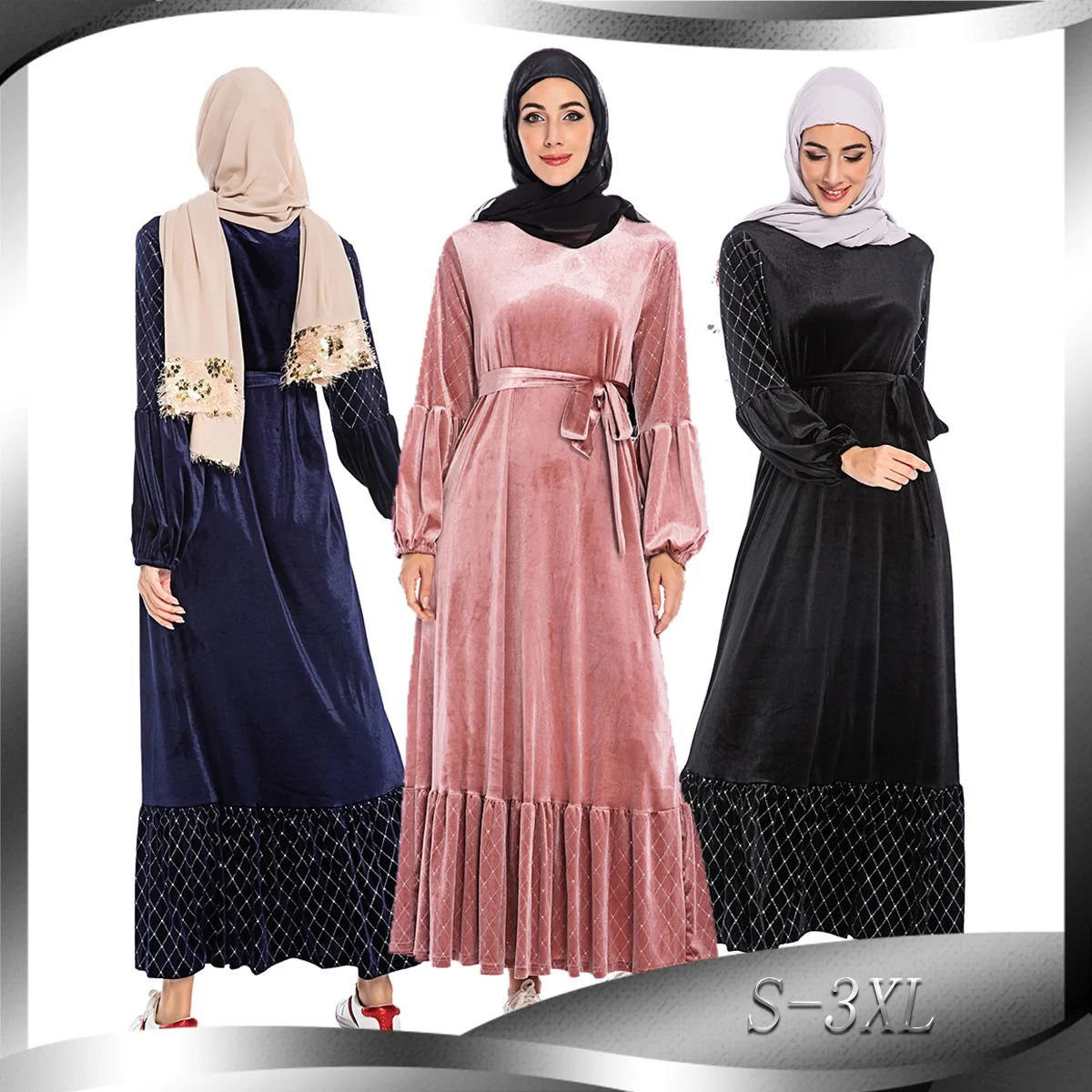 

6199# 2019 Latest Elegant Muslim Velvet Long Dress Abaya Wholesale Dubai Abaya Dress With Belt