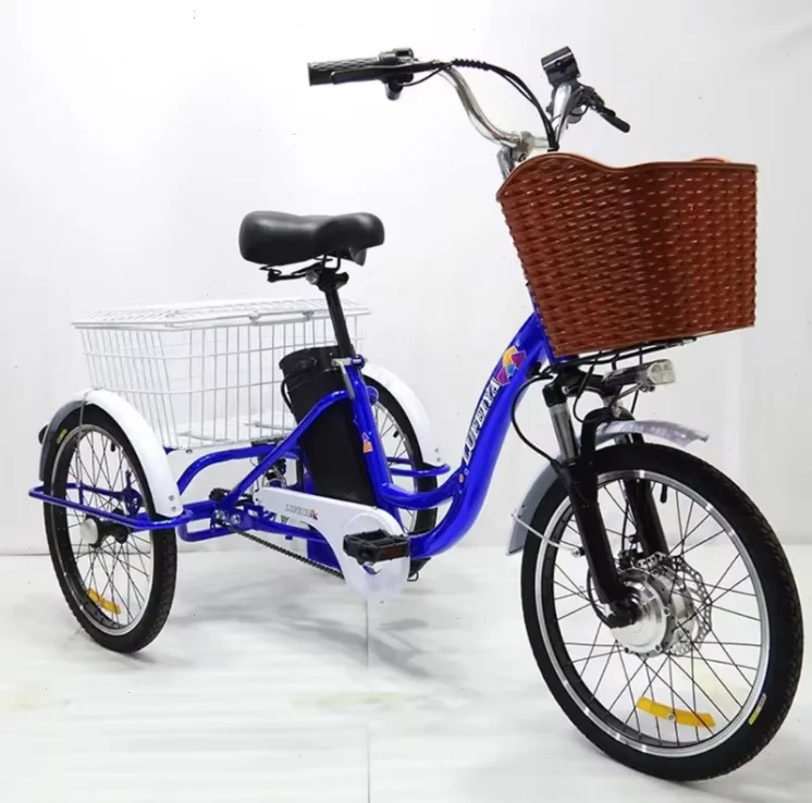 Adult 3 Wheel Electric Tricycle Lithium Battery 12A 350W 24 Inch Pull Basket 7-Speed Carbon Steel Frame Disc Brakes Front Hub