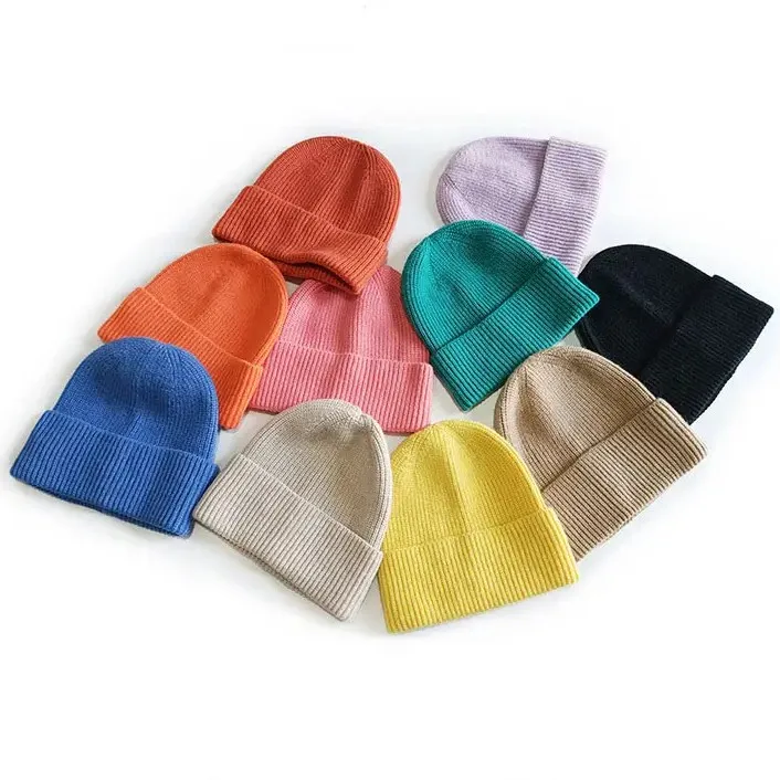 

Children's Korean fashion style Pullover simple kids winter hat personalized solid color plain weave cuffed knitted beanie hat