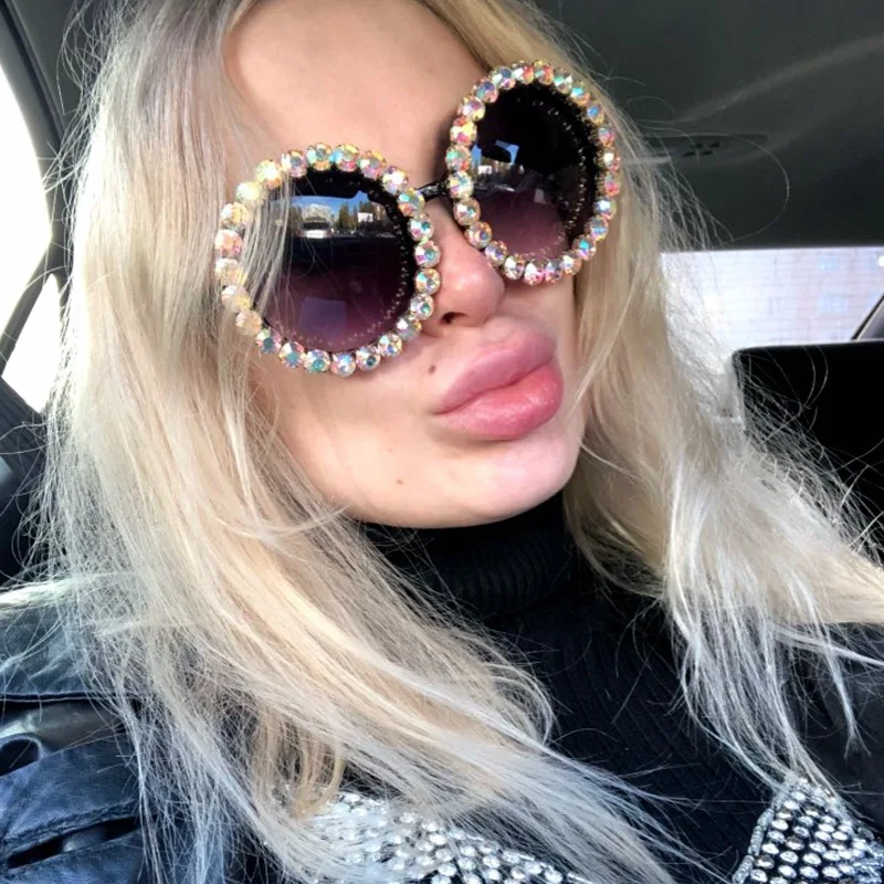 wholesale 2021 custom private label fashion round shades bling sunglasses with diamonds crystal luxury womens sunglasses, 7 colors
