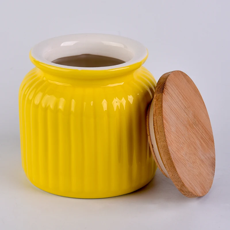 Wholesale Yellow Ceramic Candle Jar with Bamboo Lid Home Decoration