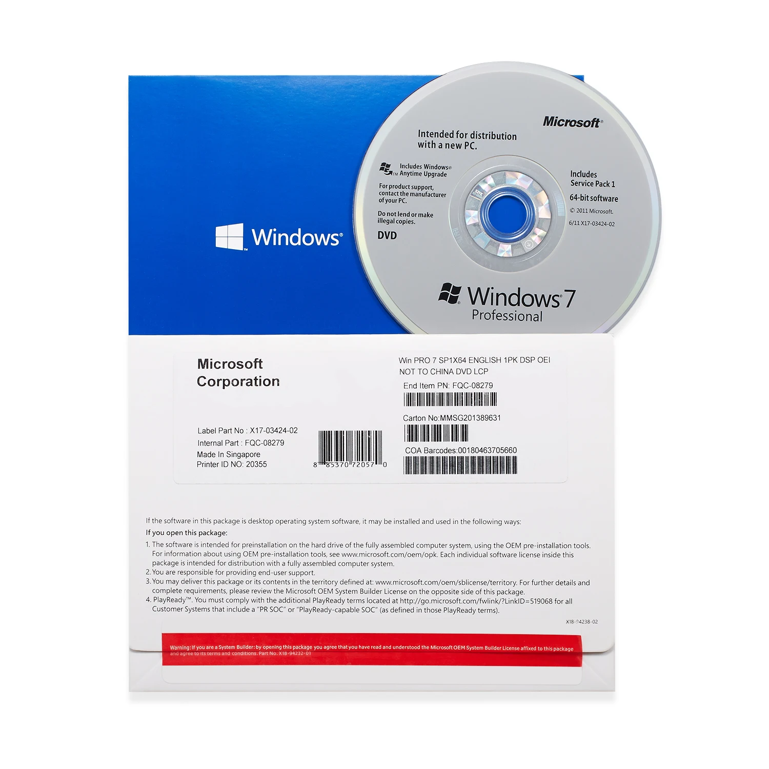 Το λειτουργικό σύστημα Microsoft Windows 7 υπολογιστών υπέρ κιβώτιο cOem περιέχει την αυτοκόλλητη ετικέττα DVD COA