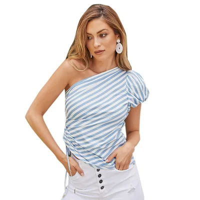 

2021 New Summer Woman Stripe One Shoulder Fashionable Top For Women Bandage Stacked Top