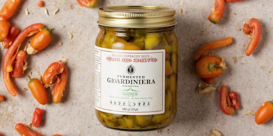 Finished jars of fermented giardiniera on a shelf