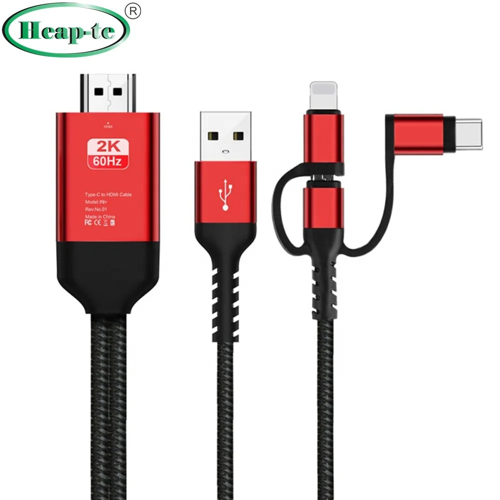 

Three-in-one HD video conversion cable for iPhone iPad Lighting Android Phone Micro USB Type C to HDMI FHD1080@60Hz, Red